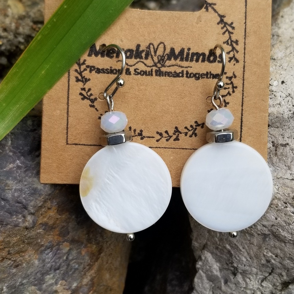 Meraki Mimos White Pearl Shell Disc Dangle Earrings Silver Tone Fishhook